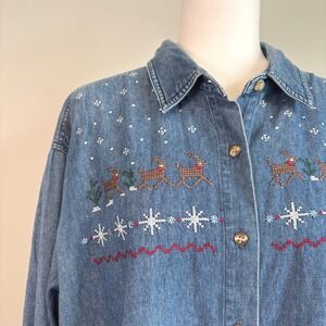 2X Denim Button Down Christmas Embroidered Top Holiday Novelty Shirt Women's